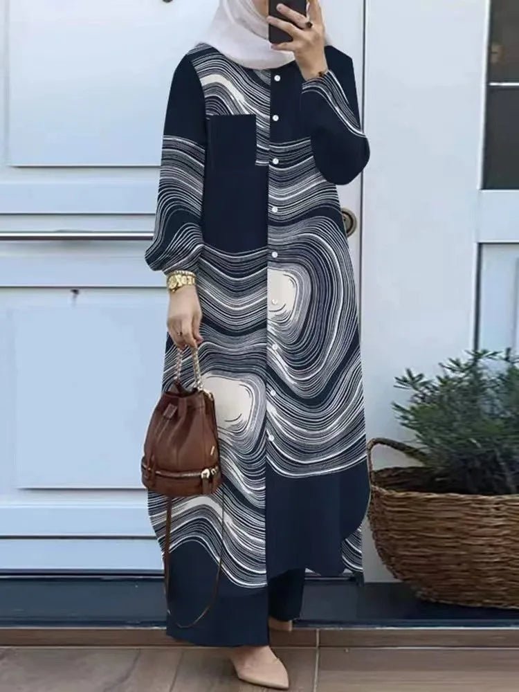 Best Selling Women's Clothing Islamic Abaya Ladies Dress Striped Pants and Blouse Set for Long Latest Design Muslim Tops - Zeprah