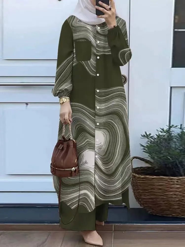 Best Selling Women's Clothing Islamic Abaya Ladies Dress Striped Pants and Blouse Set for Long Latest Design Muslim Tops - Zeprah