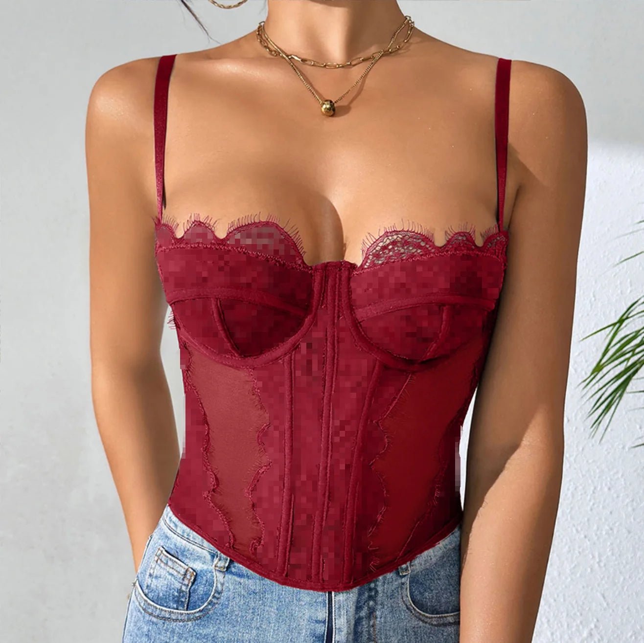 Bestselling Hot Girl Sexy Push - Up Fitted Boned Bustier - Eyelash Lace Trim Sheer Coquette Spaghetti Strap Crop Top - Zeprah