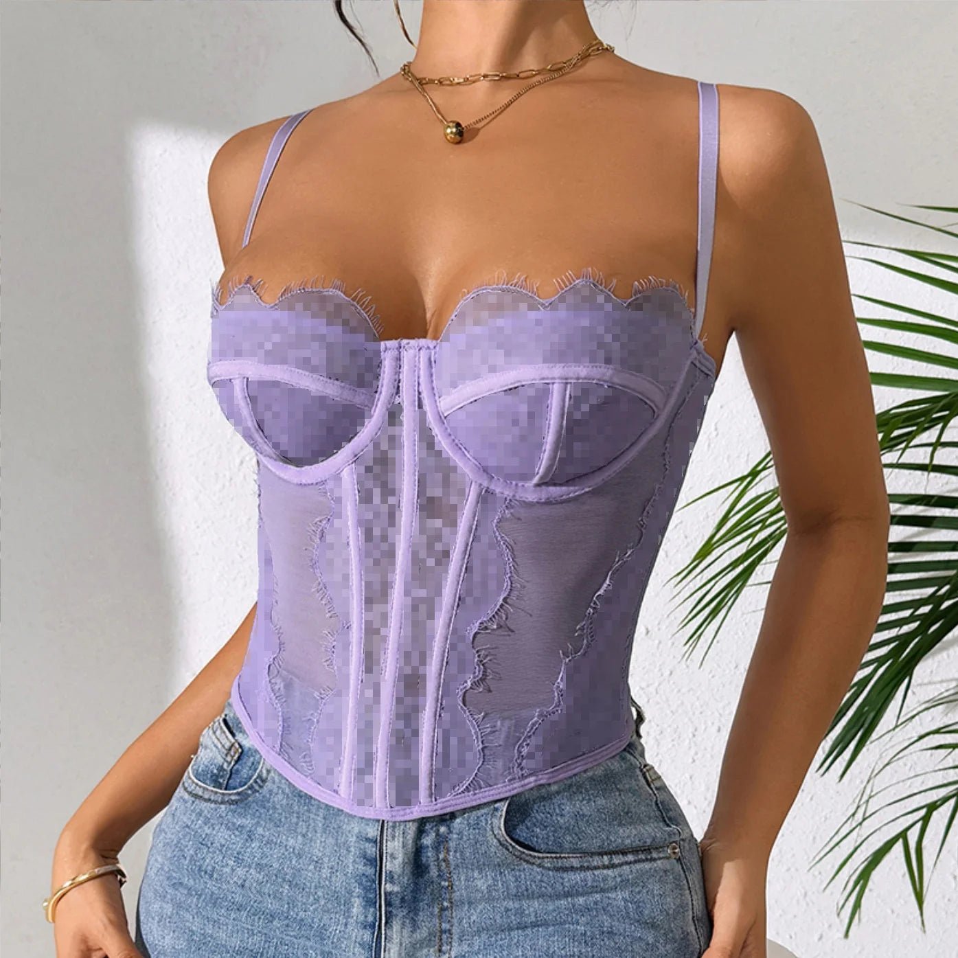 Bestselling Hot Girl Sexy Push - Up Fitted Boned Bustier - Eyelash Lace Trim Sheer Coquette Spaghetti Strap Crop Top - Zeprah