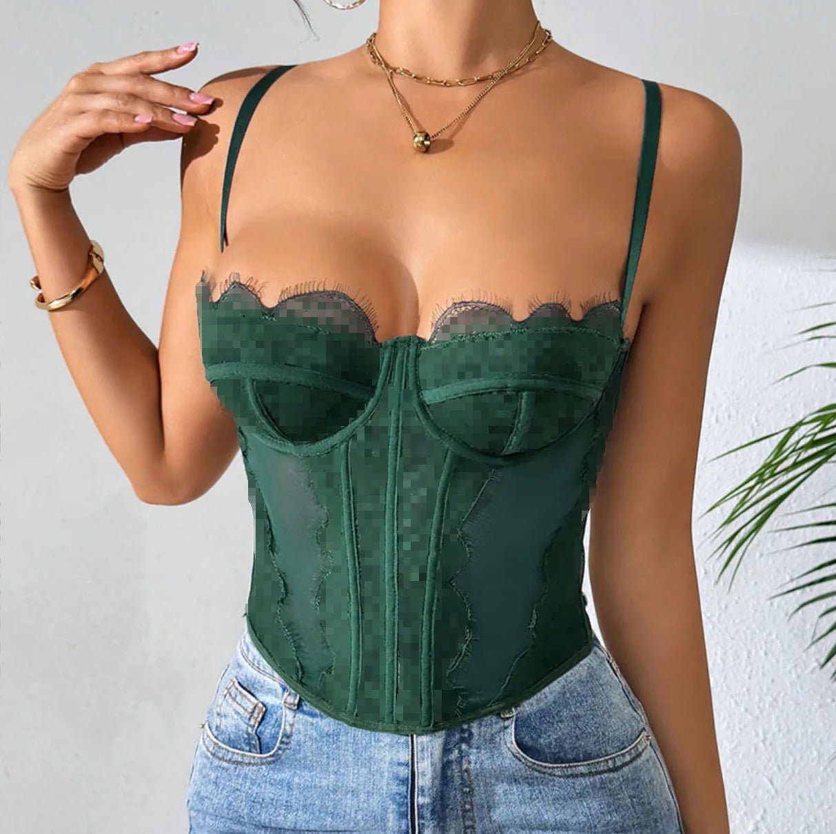 Bestselling Hot Girl Sexy Push - Up Fitted Boned Bustier - Eyelash Lace Trim Sheer Coquette Spaghetti Strap Crop Top - Zeprah