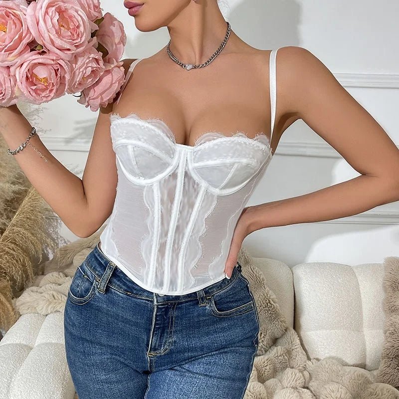 Bestselling Hot Girl Sexy Push - Up Fitted Boned Bustier - Eyelash Lace Trim Sheer Coquette Spaghetti Strap Crop Top - Zeprah