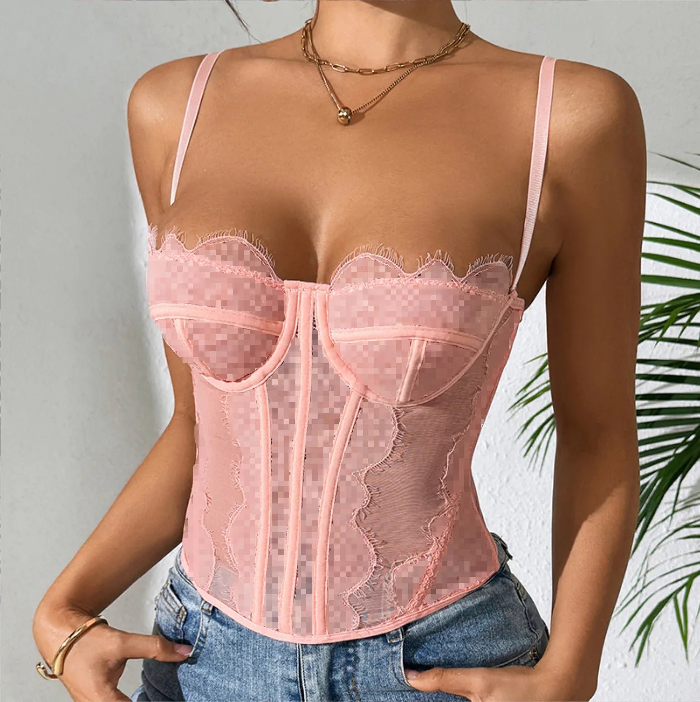 Bestselling Hot Girl Sexy Push - Up Fitted Boned Bustier - Eyelash Lace Trim Sheer Coquette Spaghetti Strap Crop Top - Zeprah