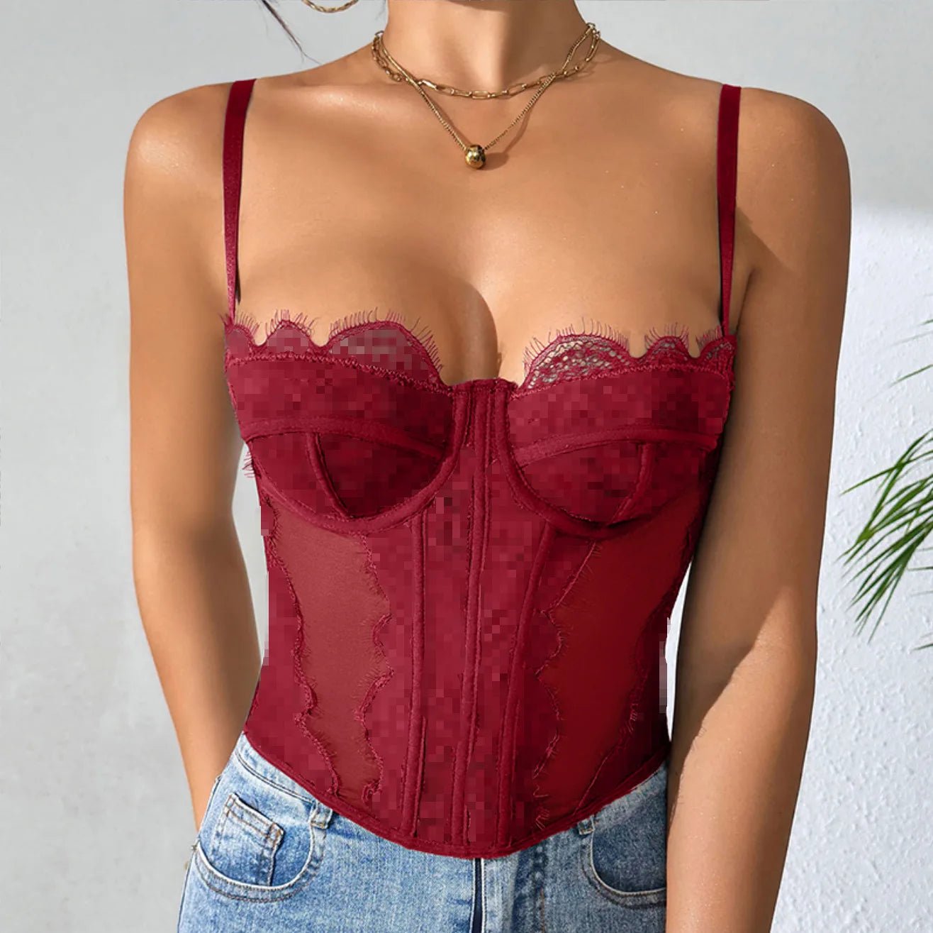 Bestselling Hot Girl Sexy Push - Up Fitted Boned Bustier - Eyelash Lace Trim Sheer Coquette Spaghetti Strap Crop Top - Zeprah