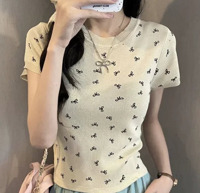 Bestselling Short Sleeve T-shirt Knitted Graphic Tee Bow Women's T-shirts - Zeprah