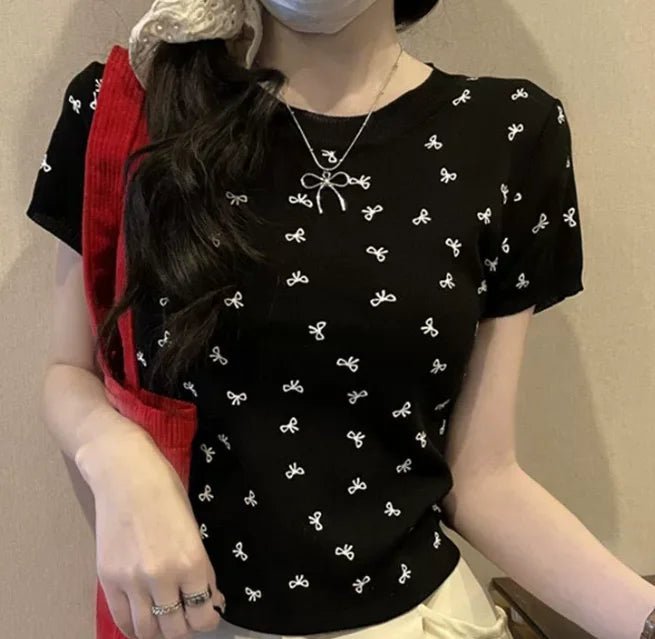Bestselling Short Sleeve T-shirt Knitted Graphic Tee Bow Women's T-shirts - Zeprah
