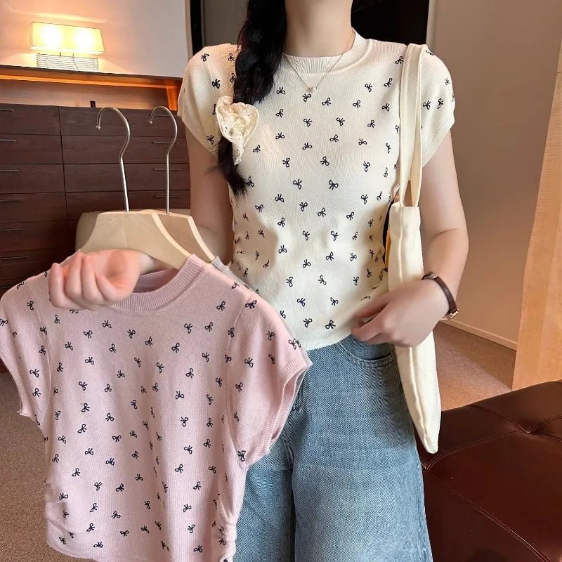 Bestselling Short Sleeve T-shirt Knitted Graphic Tee Bow Women's T-shirts - Zeprah