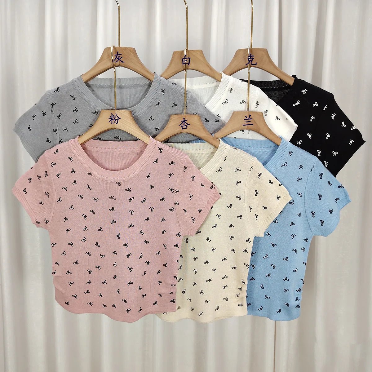Bestselling Short Sleeve T-shirt Knitted Graphic Tee Bow Women's T-shirts - Zeprah