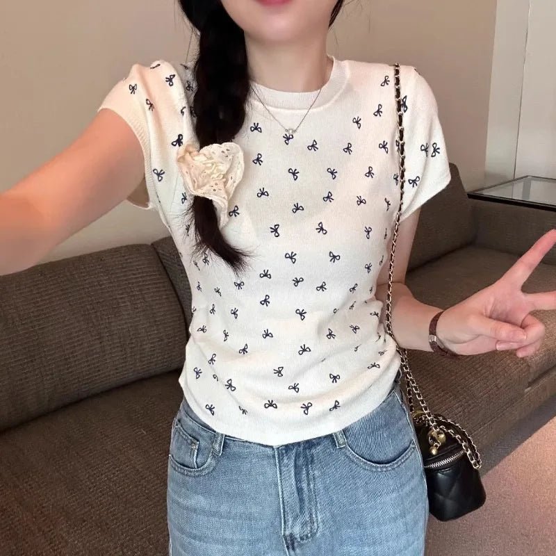 Bestselling Short Sleeve T-shirt Knitted Graphic Tee Bow Women's T-shirts - Zeprah