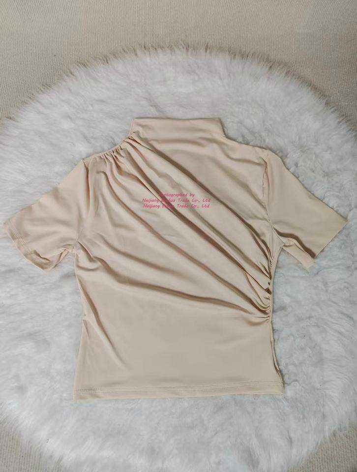 Spring/summer Small High Collar Pleated Slim Short Sleeve Ladies' T-shirt