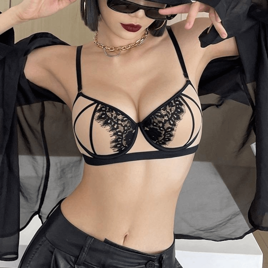 Black Contrast Lace Bra with Cage Straps - Zeprah