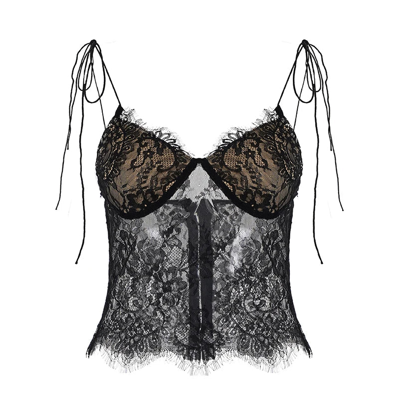 Black Lace Floral Seductive Camisole Backless Sleeveless Short Breathable Clubwear Tank Top Nightclub Party Essential Women's - Zeprah