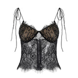 Black Lace Floral Seductive Camisole Backless Sleeveless Short Breathable Clubwear Tank Top Nightclub Party Essential Women's - Zeprah