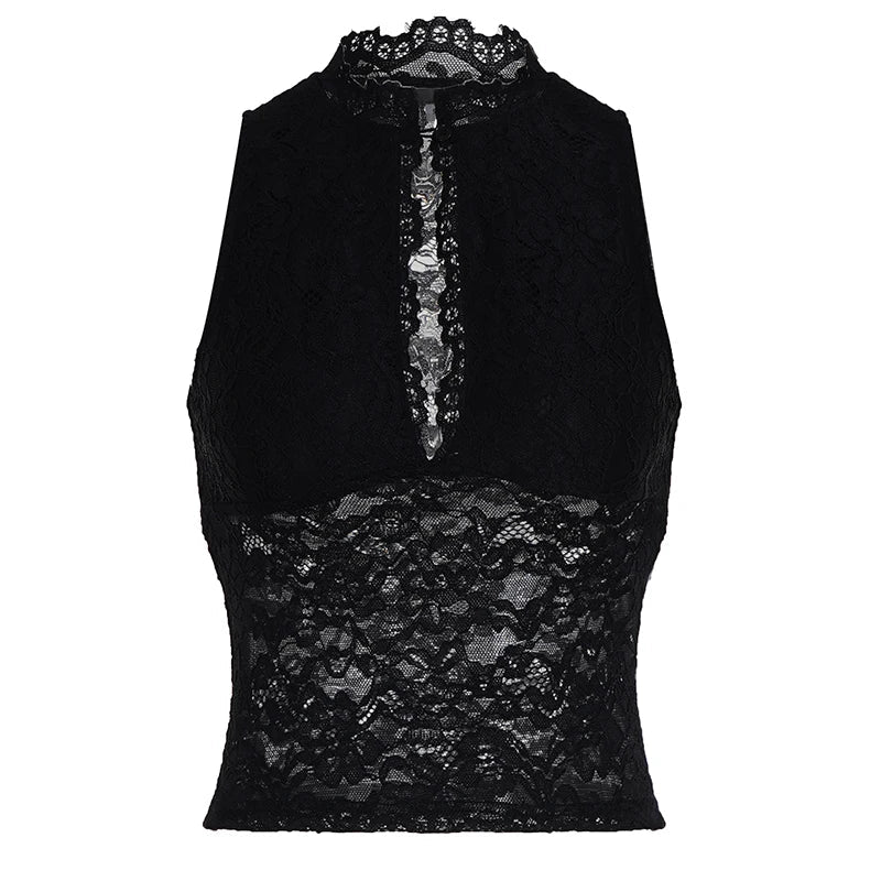 Black Lace See - Through Tank Top Short Deep V - Neck Bodycon Sleeveless Sexy Clubwear Night Out Blouse - Zeprah