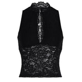 Black Lace See - Through Tank Top Short Deep V - Neck Bodycon Sleeveless Sexy Clubwear Night Out Blouse - Zeprah