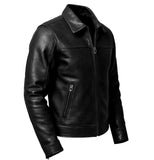 Shirt Collar Black Style Lambskin Leather Jacket
