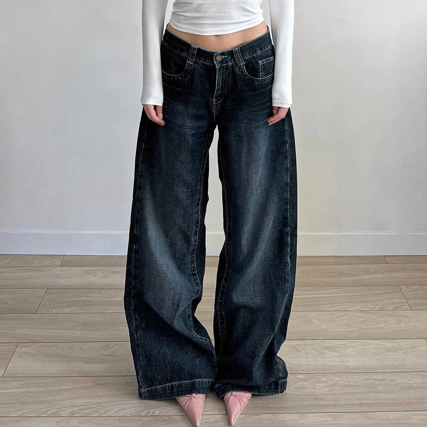Blue Bleach Wash Breathable Patchwork Wide Leg Jeans Loose Baggy Streetwear Denim Hip Hop Style Women's Trousers - Zeprah
