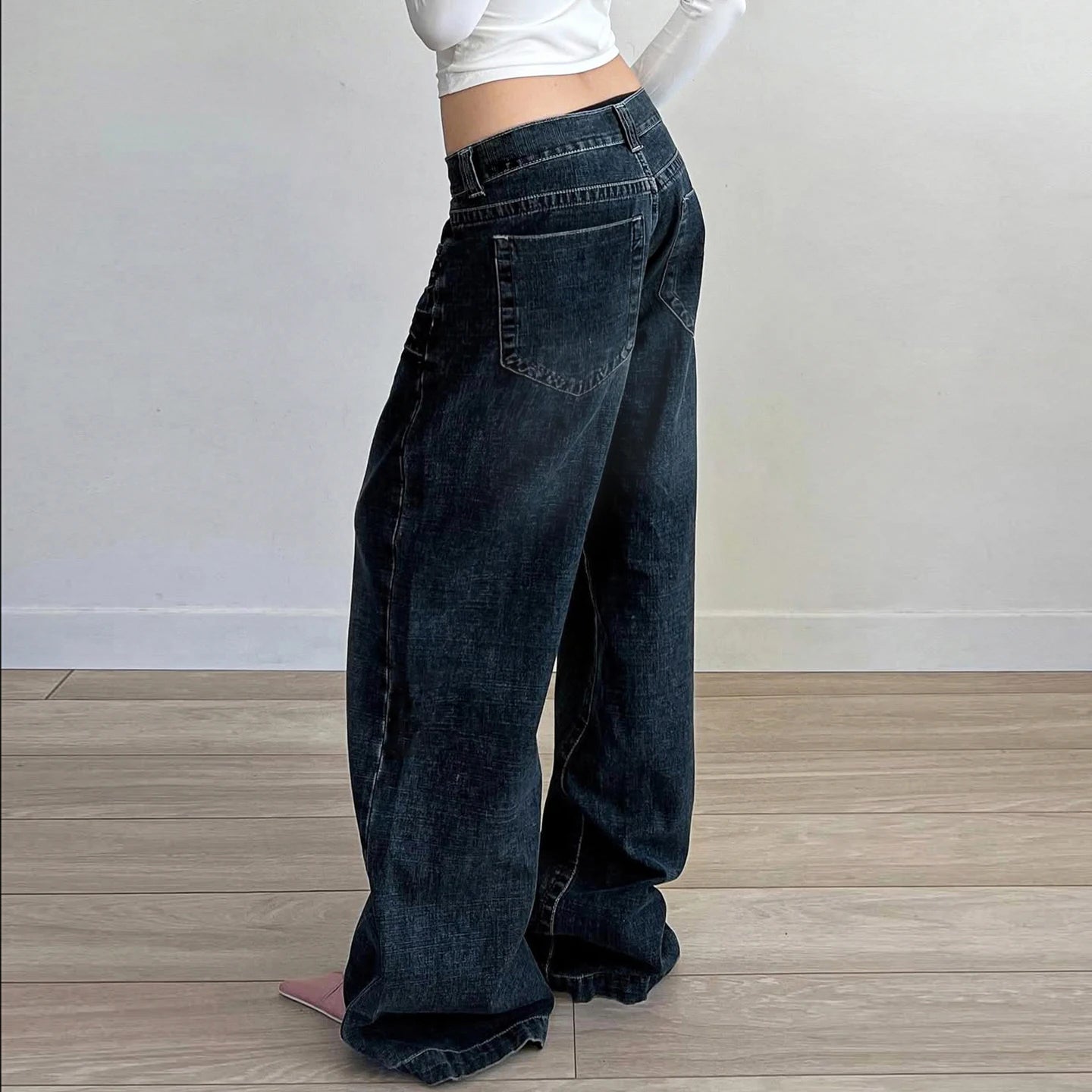 Blue Bleach Wash Breathable Patchwork Wide Leg Jeans Loose Baggy Streetwear Denim Hip Hop Style Women's Trousers - Zeprah
