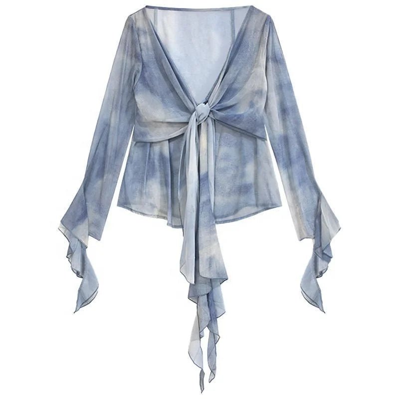 Blue Ruffled Long - sleeved Shirt Women's French V - neck Top High - end Tie - dyed Niche Chic Small Shirt Autumn - Zeprah