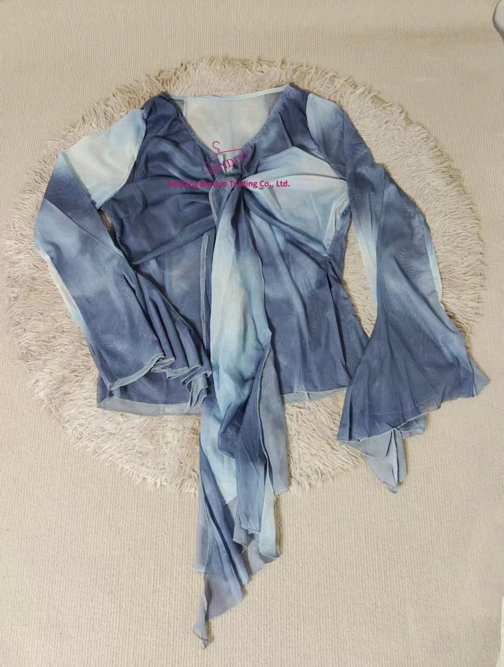 Blue Ruffled Long - sleeved Shirt Women's French V - neck Top High - end Tie - dyed Niche Chic Small Shirt Autumn - Zeprah