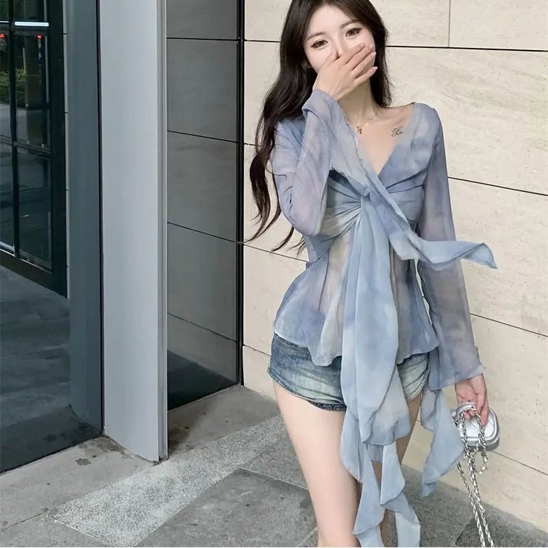 Blue Ruffled Long - sleeved Shirt Women's French V - neck Top High - end Tie - dyed Niche Chic Small Shirt Autumn - Zeprah