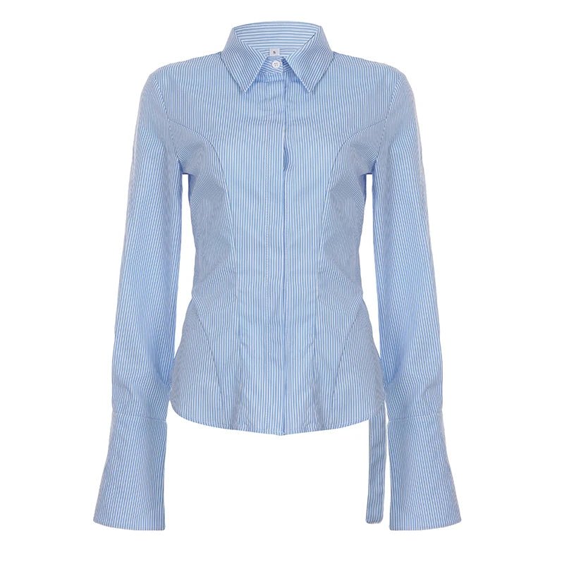 Blue striped printed women's long sleeved shirt fashionable street style backless button up cardigan - Zeprah
