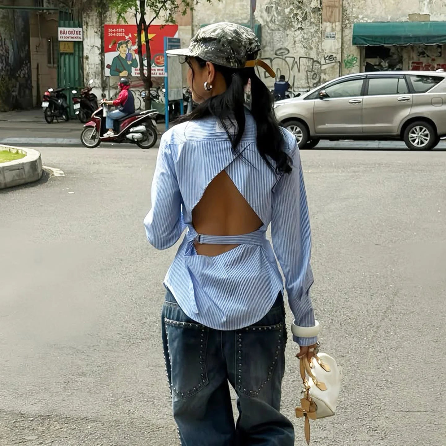 Blue striped printed women's long sleeved shirt fashionable street style backless button up cardigan - Zeprah