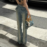 Blue Wash Low Waist Skinny Jeans Breathable Eco - Friendly Vintage Patchwork Distressed Woven Denim Autumn Women's - Zeprah