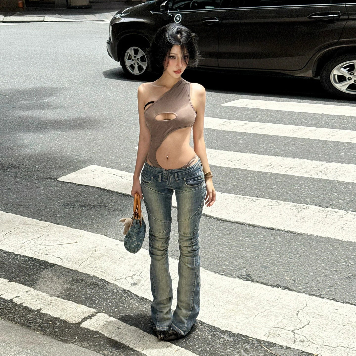 Blue Wash Low Waist Skinny Jeans Breathable Eco - Friendly Vintage Patchwork Distressed Woven Denim Autumn Women's - Zeprah