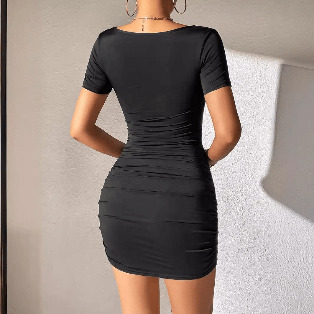 Bodycon Mini Dress with Drawstring Cutout and Ruched Detailing - Zeprah