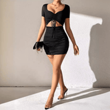 Bodycon Mini Dress with Drawstring Cutout and Ruched Detailing - Zeprah