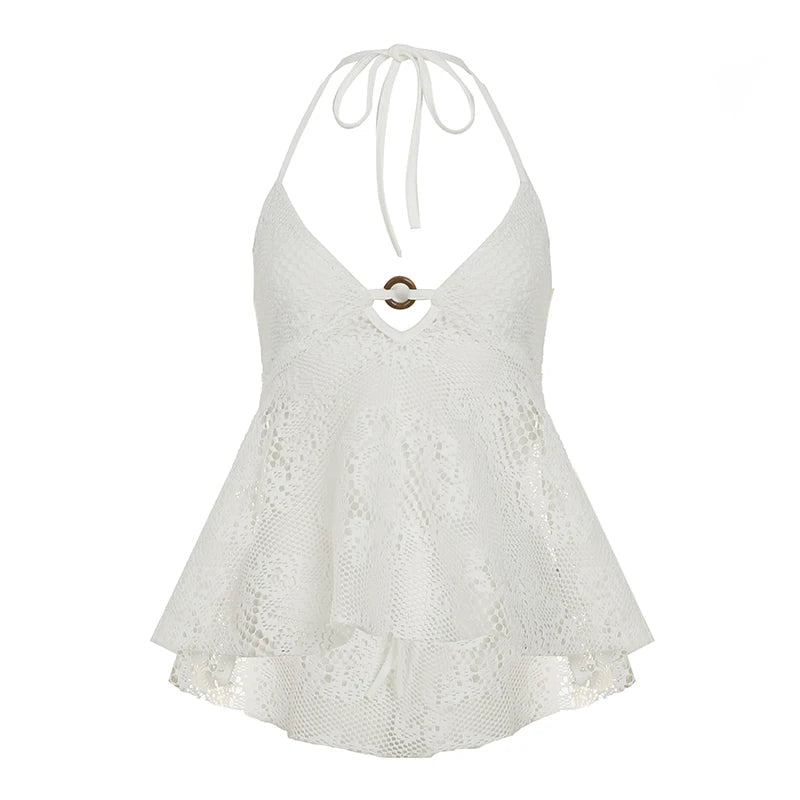Bohemian Lace Eco - Friendly Breathable Women's Regular Length Sleeveless V - neck Sexy Backless Spandex/Polyester Top Patchwork - Zeprah