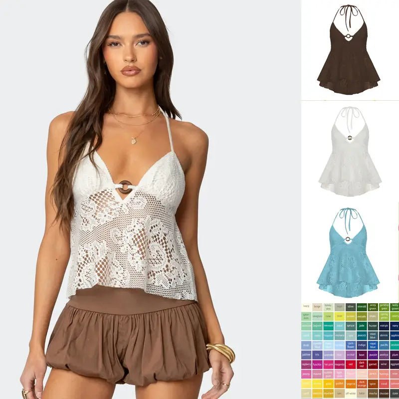 Bohemian Lace Eco - Friendly Quick Dry Breathable Women's Regular Length Sleeveless V - neck Sexy Backless Spandex/Polyester CAMIS - Zeprah