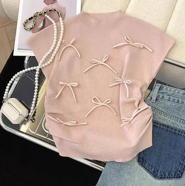 Bow Crop Top Fashionable Tops for Women Short - sleeved Knitwear Sweet T-shirts - Zeprah