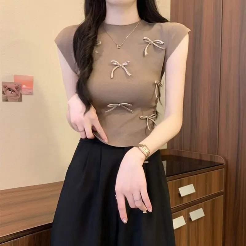 Bow Crop Top Fashionable Tops for Women Short - sleeved Knitwear Sweet T-shirts - Zeprah