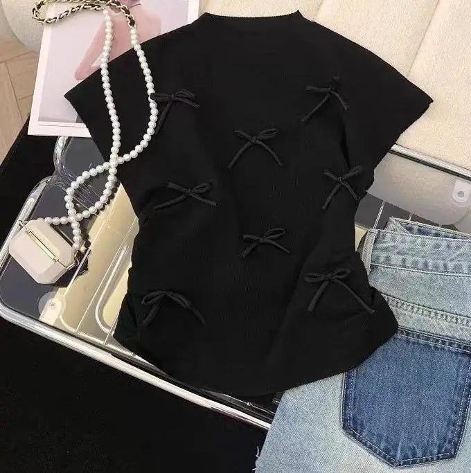 Bow Crop Top Fashionable Tops for Women Short - sleeved Knitwear Sweet T-shirts - Zeprah