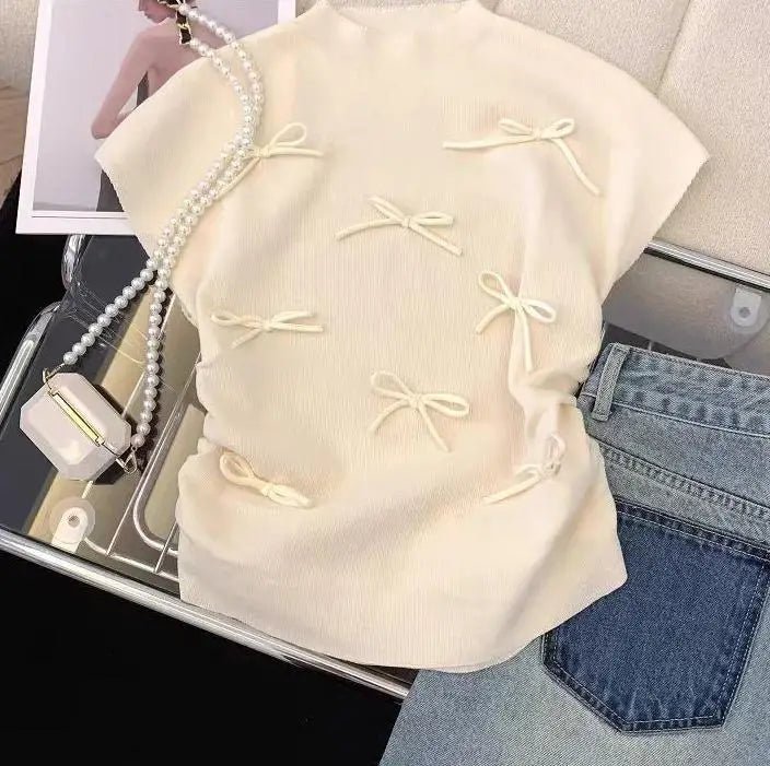 Bow Crop Top Fashionable Tops for Women Short - sleeved Knitwear Sweet T-shirts - Zeprah