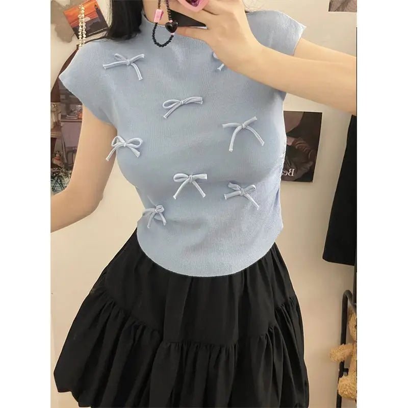 Bow Crop Top Fashionable Tops for Women Short - sleeved Knitwear Sweet T-shirts - Zeprah
