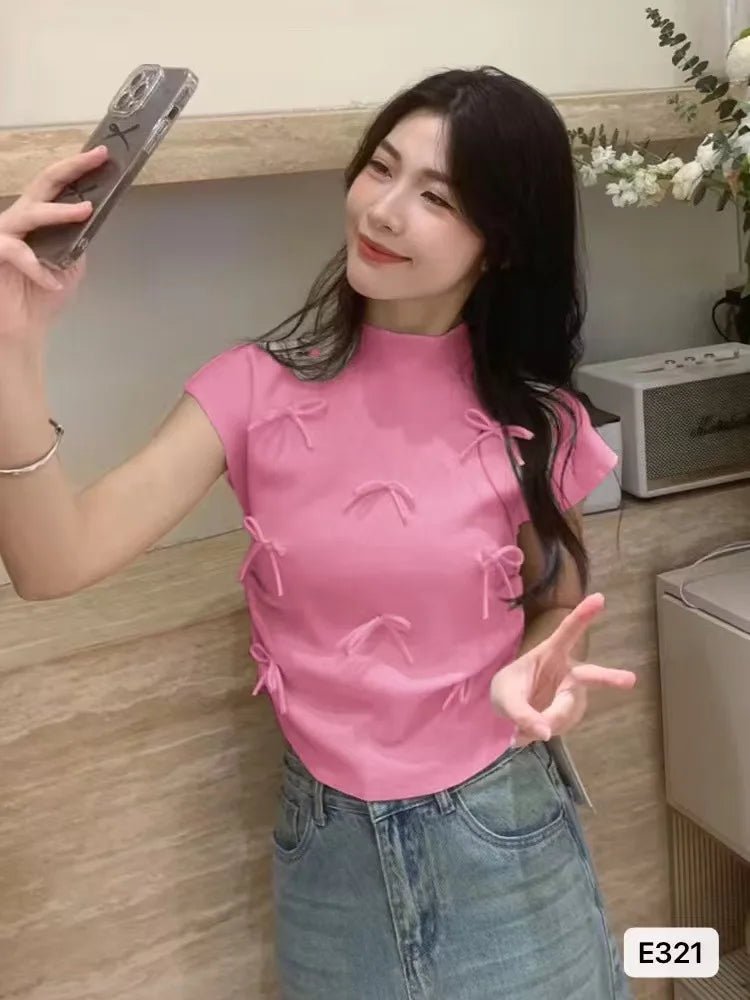 Bow Crop Top Fashionable Tops for Women Short - sleeved Knitwear Sweet T-shirts - Zeprah