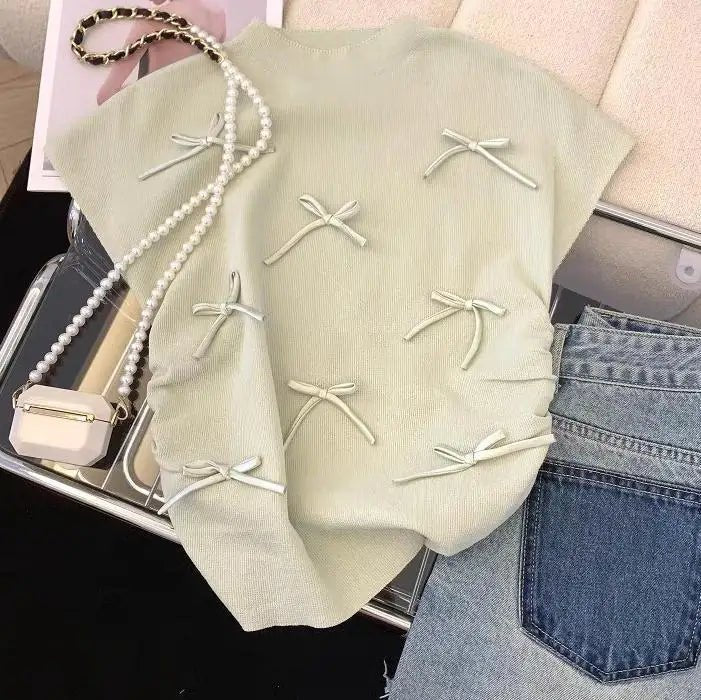 Bow Crop Top Fashionable Tops for Women Short - sleeved Knitwear Sweet T-shirts - Zeprah