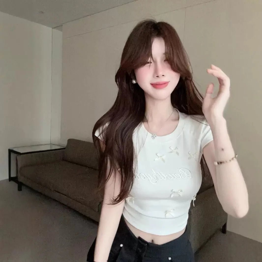 Bow Graphic Tee Embroidered Flower Tops for Women Crewneck Short - sleeved Blouse - Zeprah