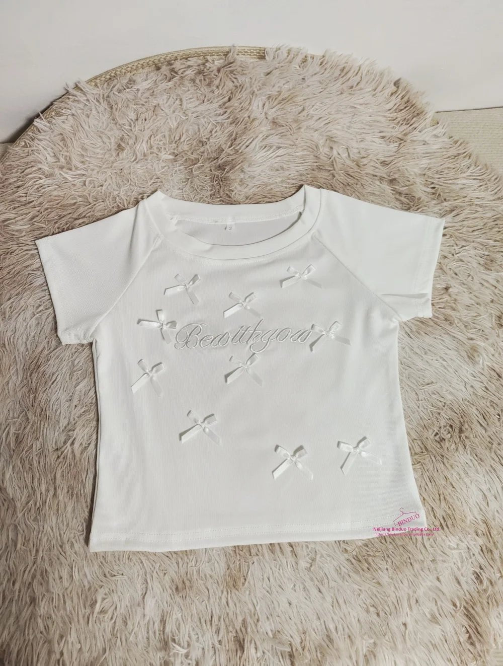 Bow Graphic Tee Embroidered Flower Tops for Women Crewneck Short - sleeved Blouse - Zeprah