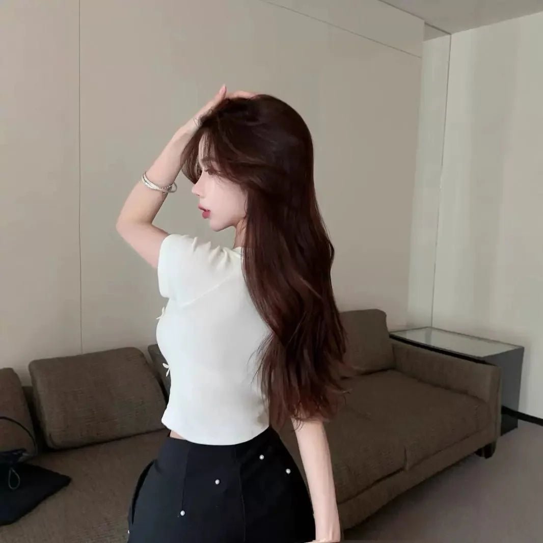 Bow Graphic Tee Embroidered Flower Tops for Women Crewneck Short - sleeved Blouse - Zeprah