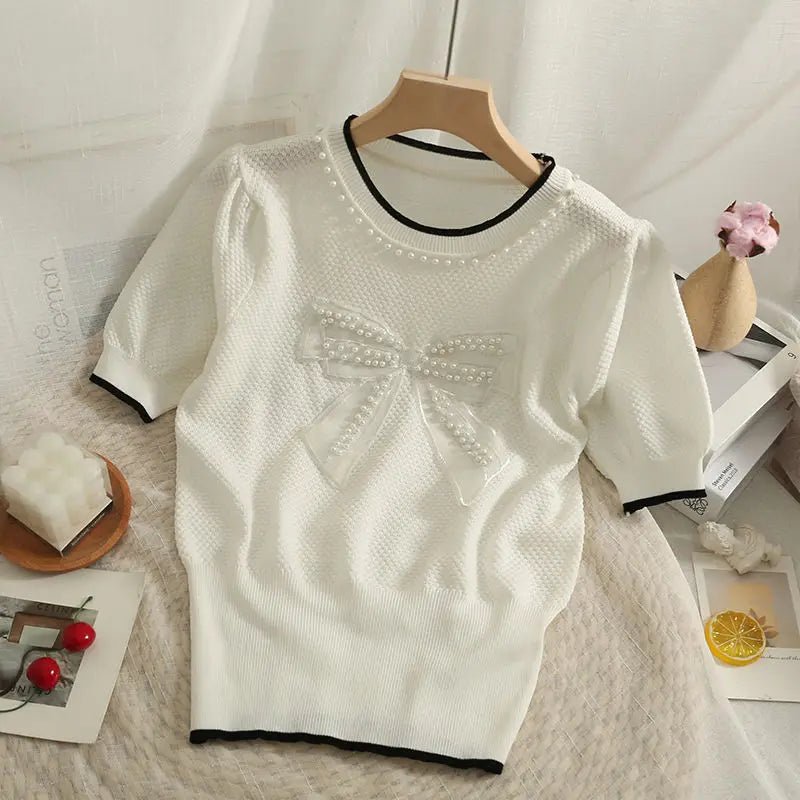 Bow Graphic Tee Knitting Tops for Women Crewneck Short - Sleeved Tee - Zeprah
