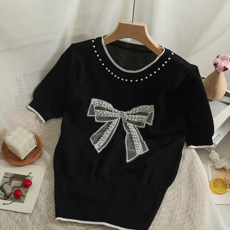 Bow Graphic Tee Knitting Tops for Women Crewneck Short - Sleeved Tee - Zeprah