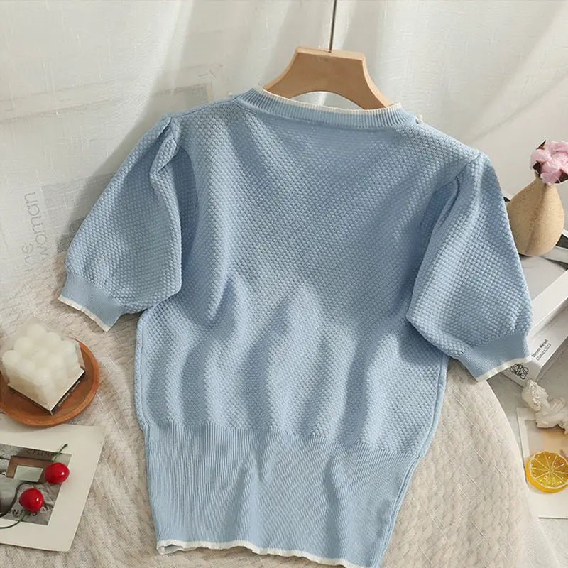 Bow Graphic Tee Knitting Tops for Women Crewneck Short - Sleeved Tee - Zeprah