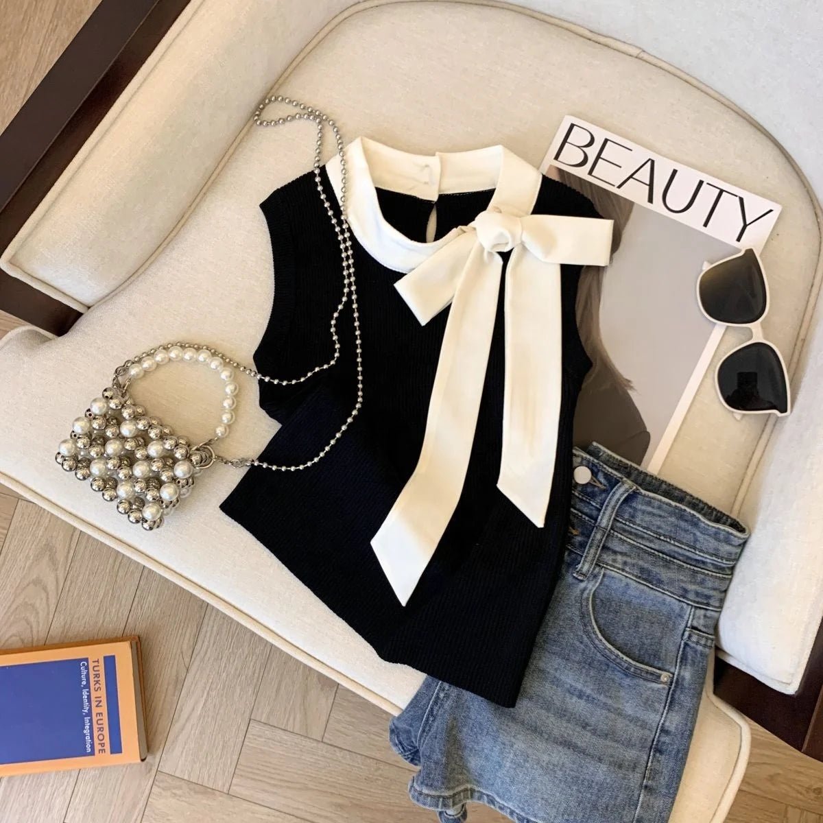 Bow Knitted Cropped Top Summer Basic tank Top Women's Tanks Knitting Camisole - Zeprah