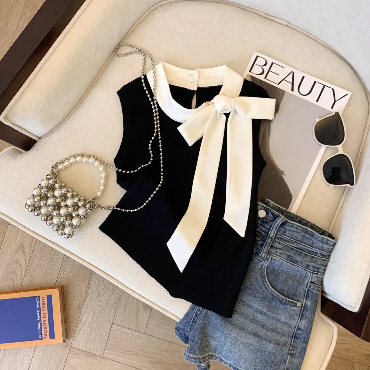 Bow Knitted Cropped Top Summer Basic tank Top Women's Tanks Knitting Camisole - Zeprah