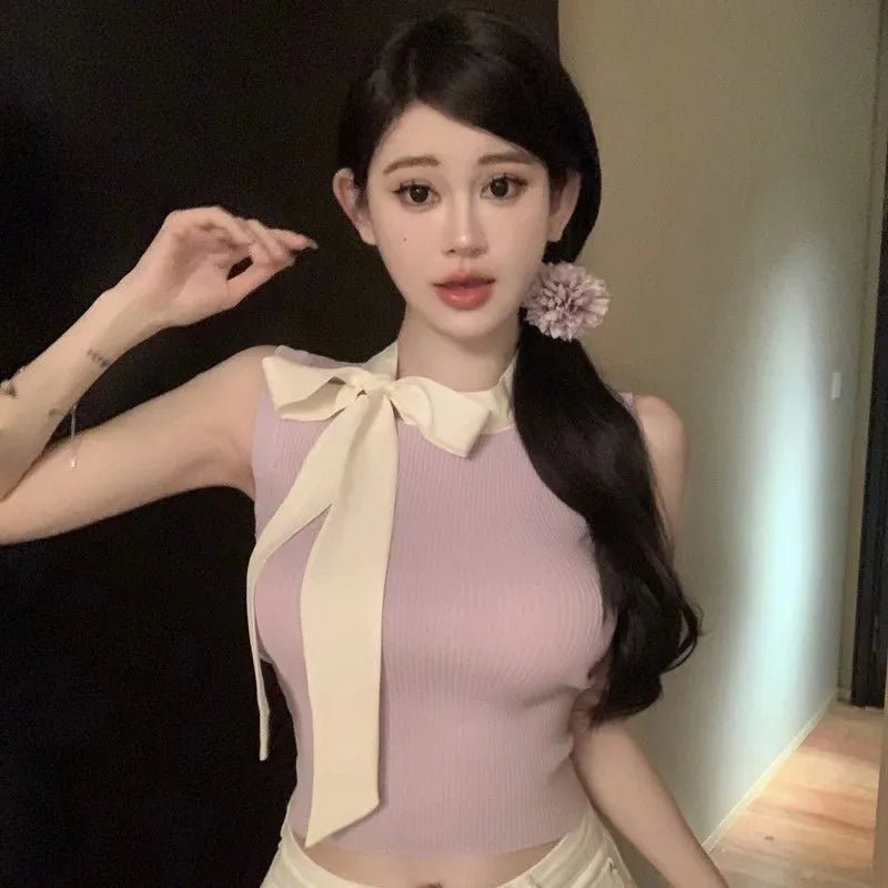 Bow Knitted Cropped Top Summer Basic tank Top Women's Tanks Knitting Camisole - Zeprah