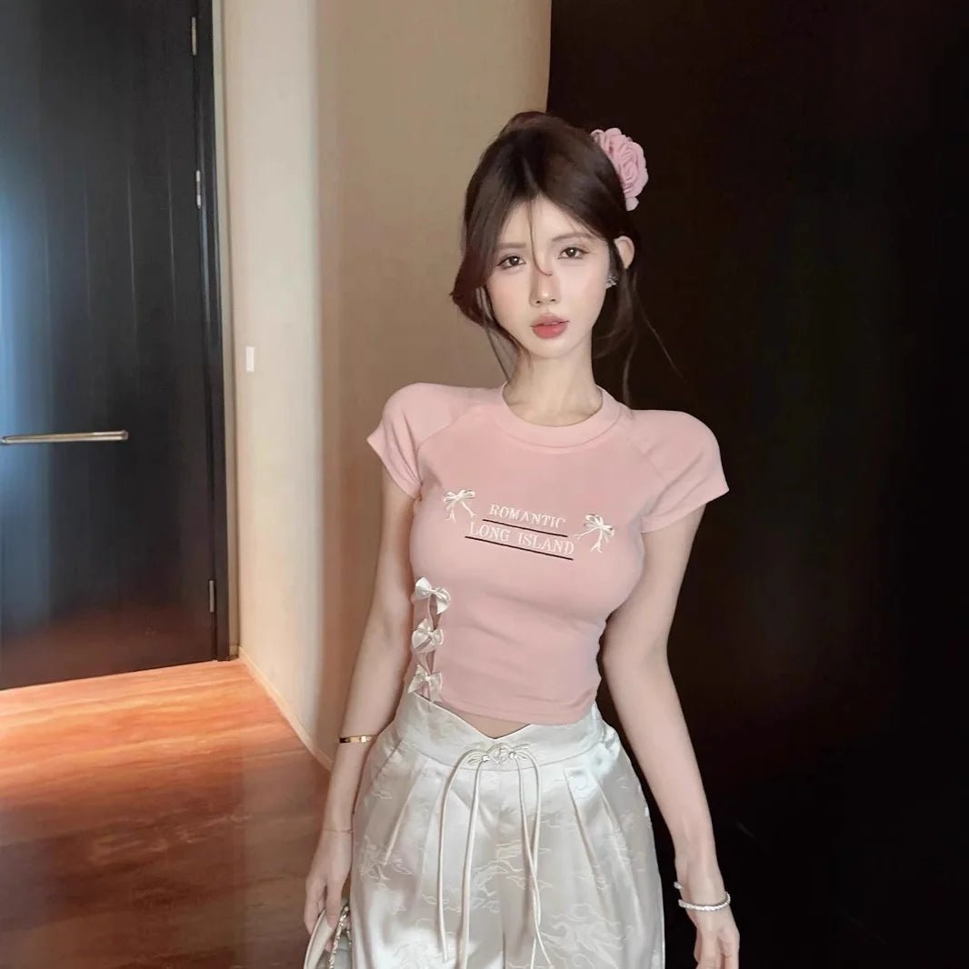 Bow Letter Printed Age - reducing Sweet Short Short - sleeved T-shirt Women's Summer Hollow Spice Girls Navel Design Top - Zeprah